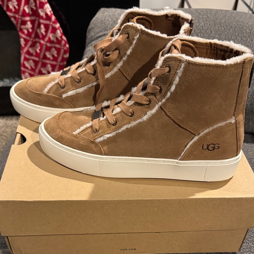 UGG Tan Suede High-Top Sneakers with White Trim